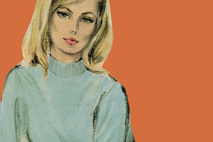 Illustration of a woman wearing a light blue sweater on an orange background