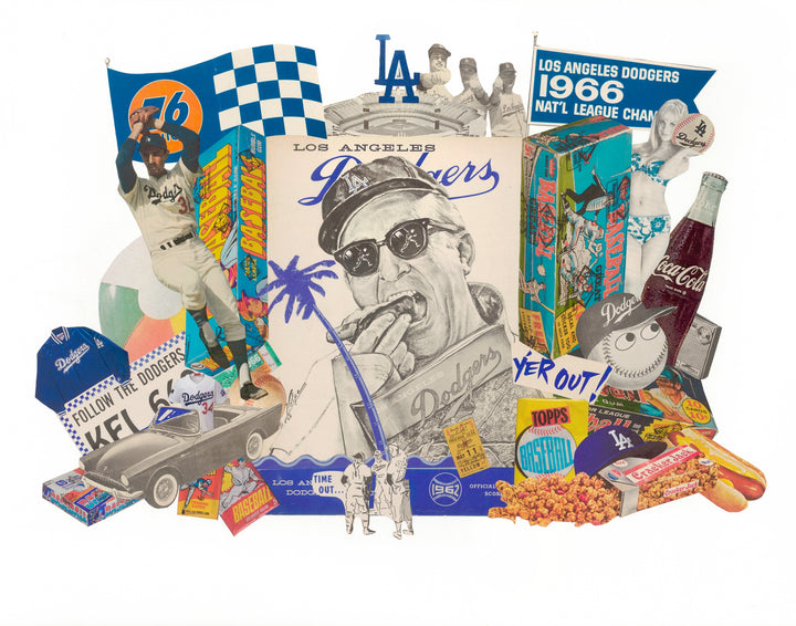 Collage of Los Angeles Dodgers memorabilia including a poster, baseball, and vintage packaging