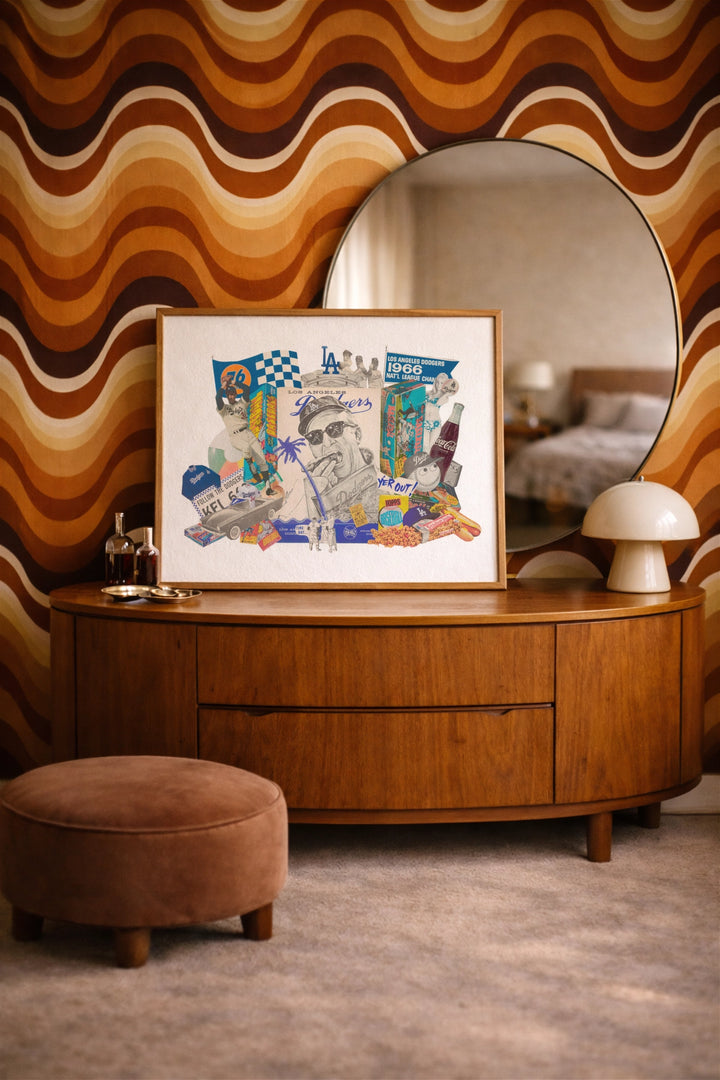 Collage of Los Angeles Dodgers memorabilia including a poster, baseball, and vintage packaging