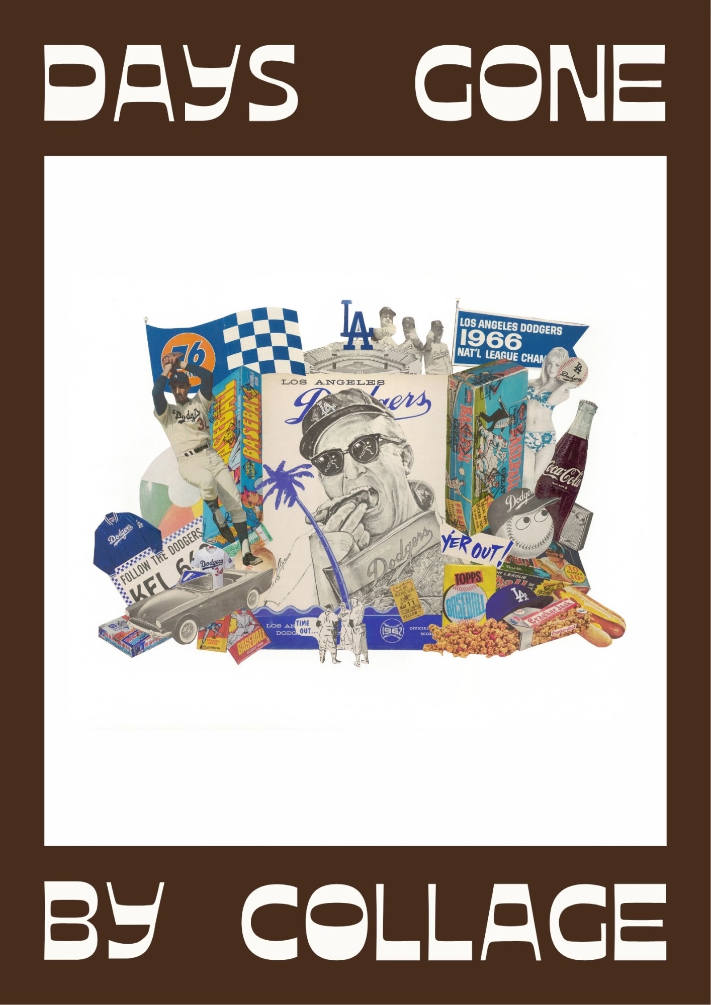 Poster of Los Angeles Dodgers memorabilia including a poster, baseball, and vintage packaging
