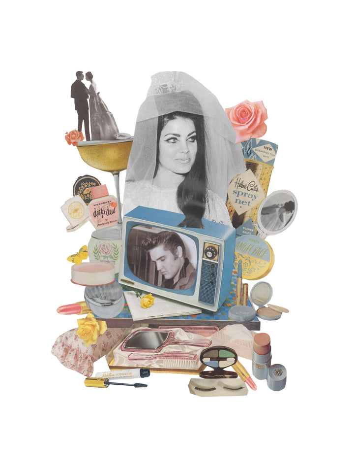 Analog collage portrait inspired by Priscilla Presley