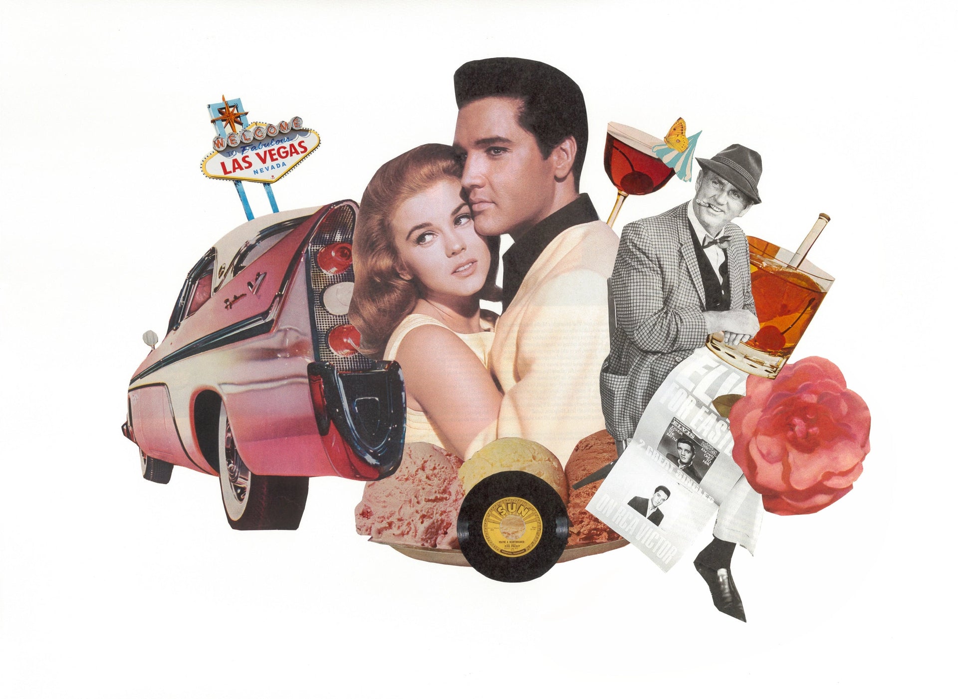 Analog collage art featuring Elvis Presley and Ann-Margret