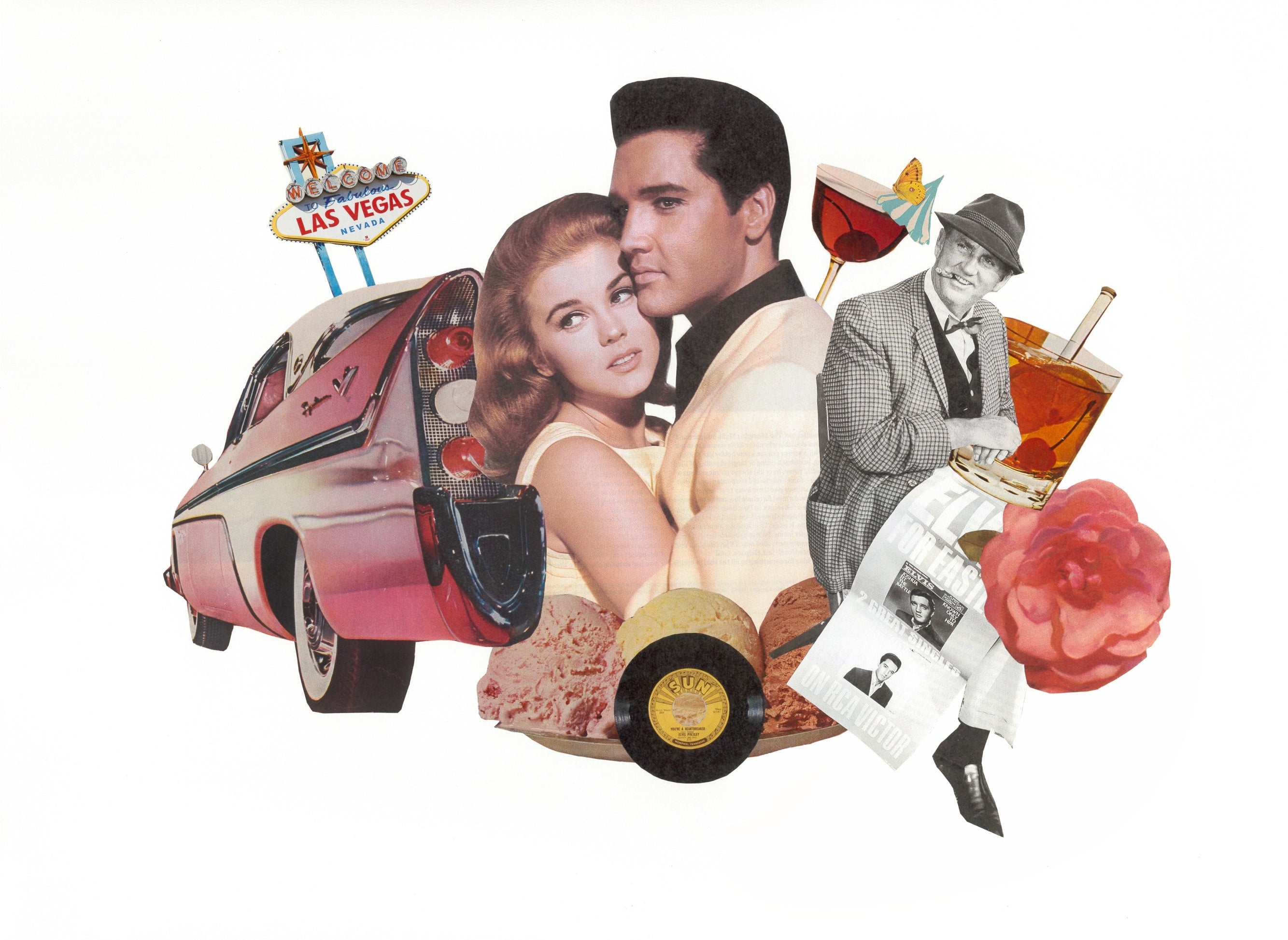 Analog collage art featuring Elvis Presley and Ann-Margret